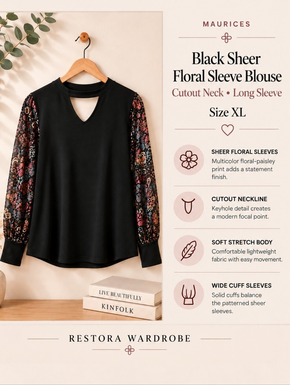 Maurices Black Sheer Floral Sleeve Blouse Cutout Neck Whimsigoth XL